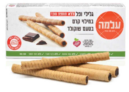 עלמה | 100 גרם רולים גלילי וופל במילוי קרם שוקולד ללא תוספת סוכר
